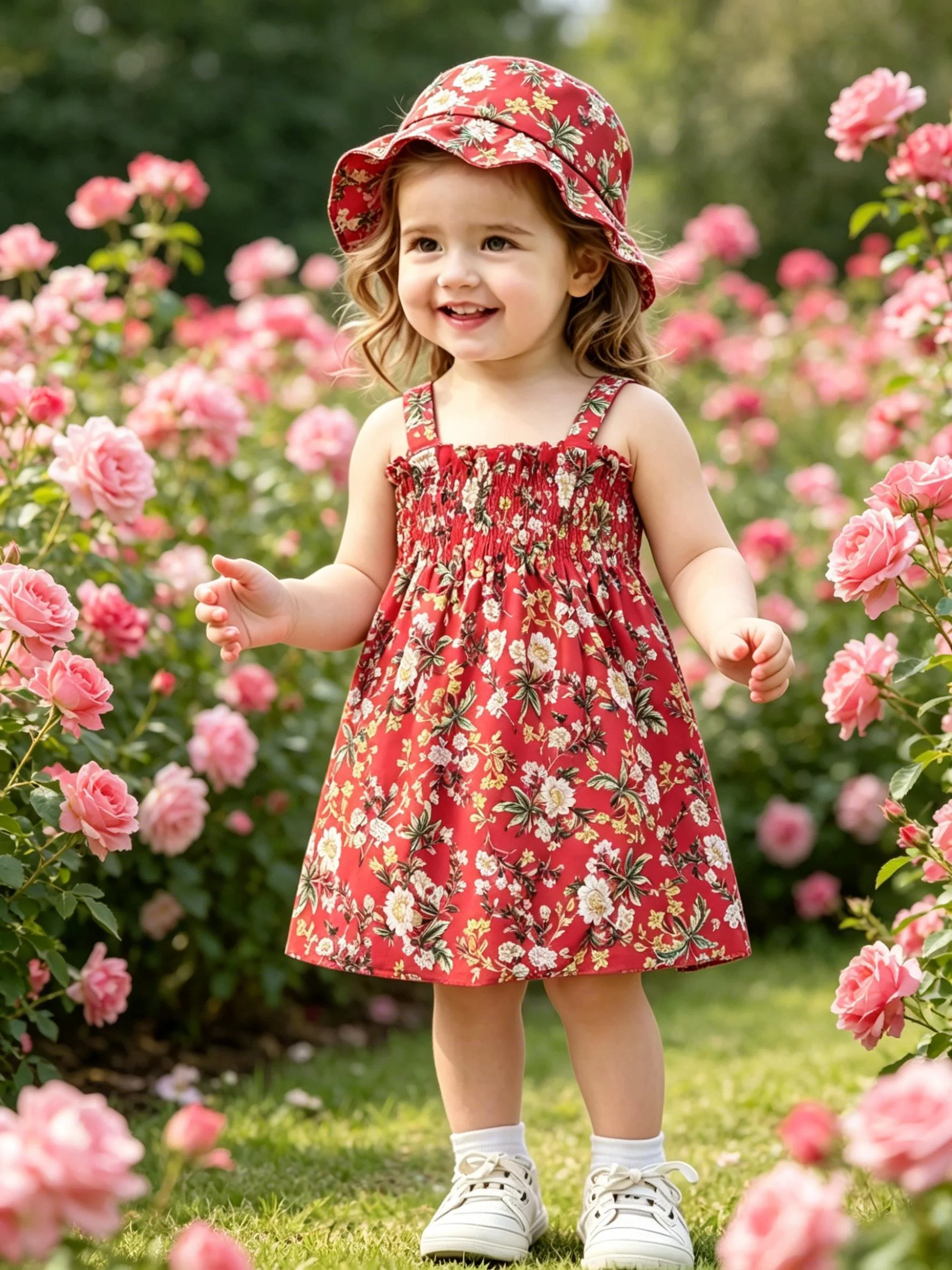 Cottagecore Floral Smocked Girls Cami Dress Set, passender bedruckter Fischerhut für Kleinkinder, 2-teiliges Sommeroutfit