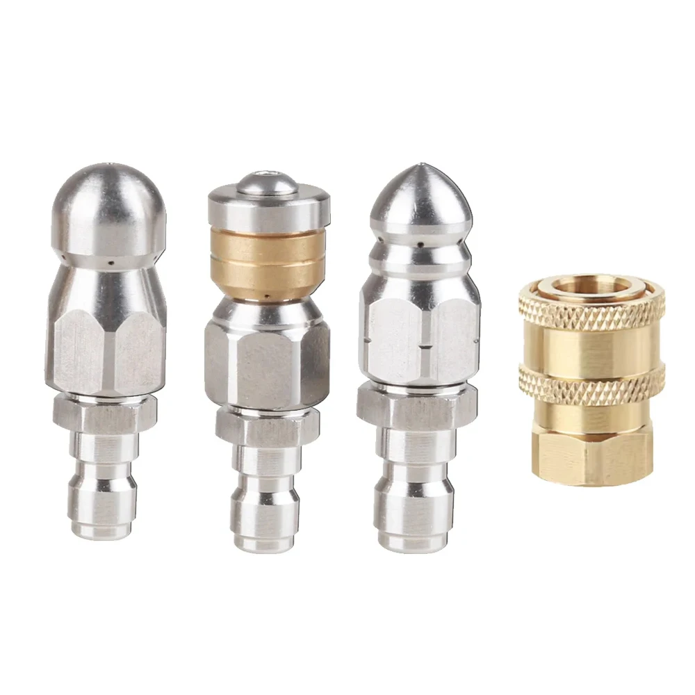 

Sewer Jetter Nozzle Rotating Button Nose Stainless Steel for 1/4 Inch Pressure Washer Quick Connector Pressure Up To 5000 PSI