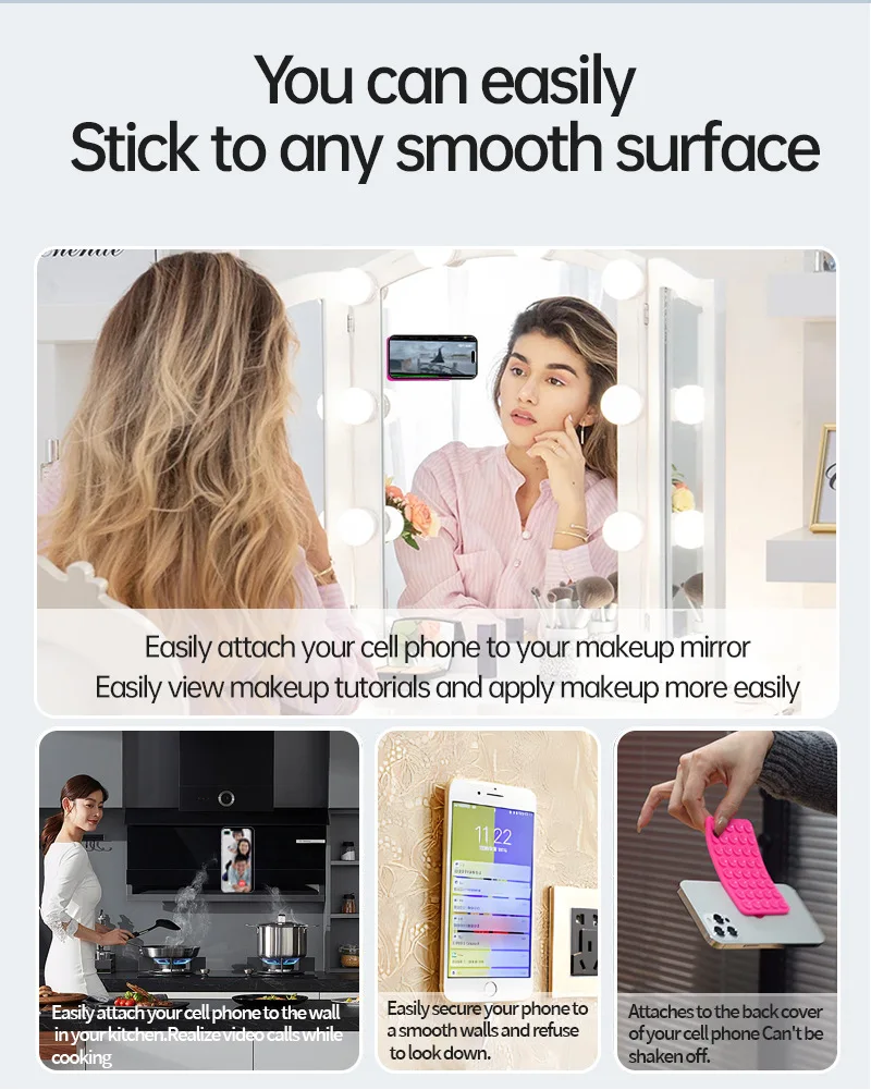 Doppelseitige Silikon-Saugnapf-Handyhülle mit abnehmbarem Ständer, Silikon-Gummi-Saugnapf-Pad für Selfies und Videos, Fixierpad – Detail 14
