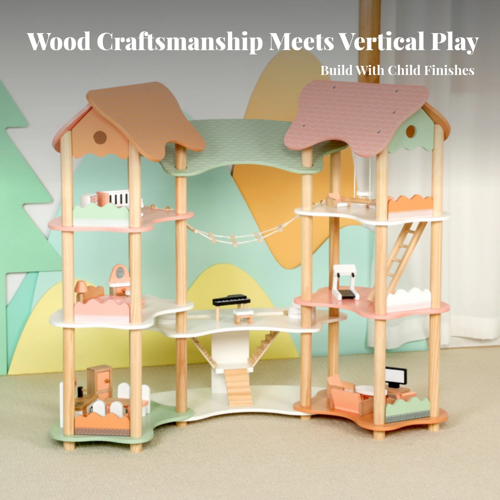 Wooden Dollhouse with Furniture Pastel Wooden Dollhouse Pretend Play House Interactive Toy Non for Kids, Playroom, Nursery