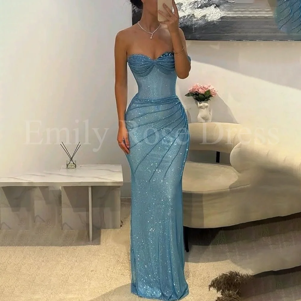 Luxury Shinning Blue Sequin Evening Dress Sweetheart Sleeveless Elegant Party Dresses For Women Customized Robes De Soirée