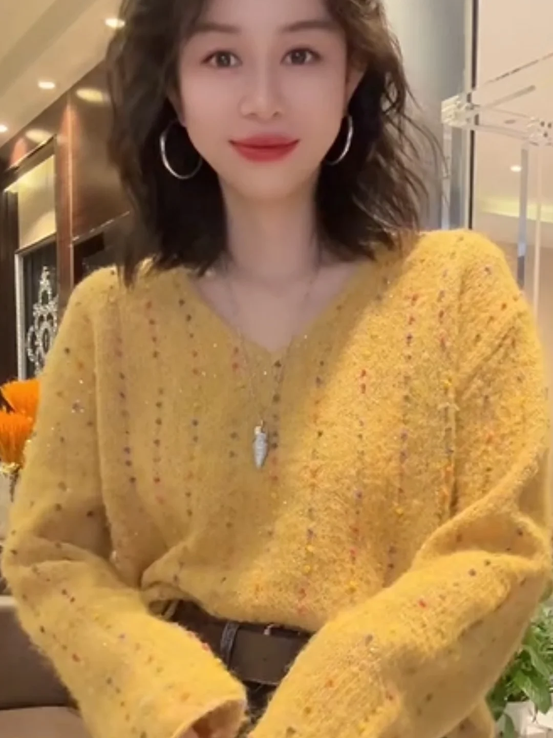 

Fall 2025 New Style Korean Version V-Neck Knitted Sweater Soft Loose Long Sleeve Ball Trim Striped Fashionable Women's Top
