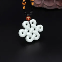 Natural Chinese Knot White Green Jade Two-sided Pendant  Necklace Charm Jewellery Fashion Lucky Amulet Luck Gifts for Women Man