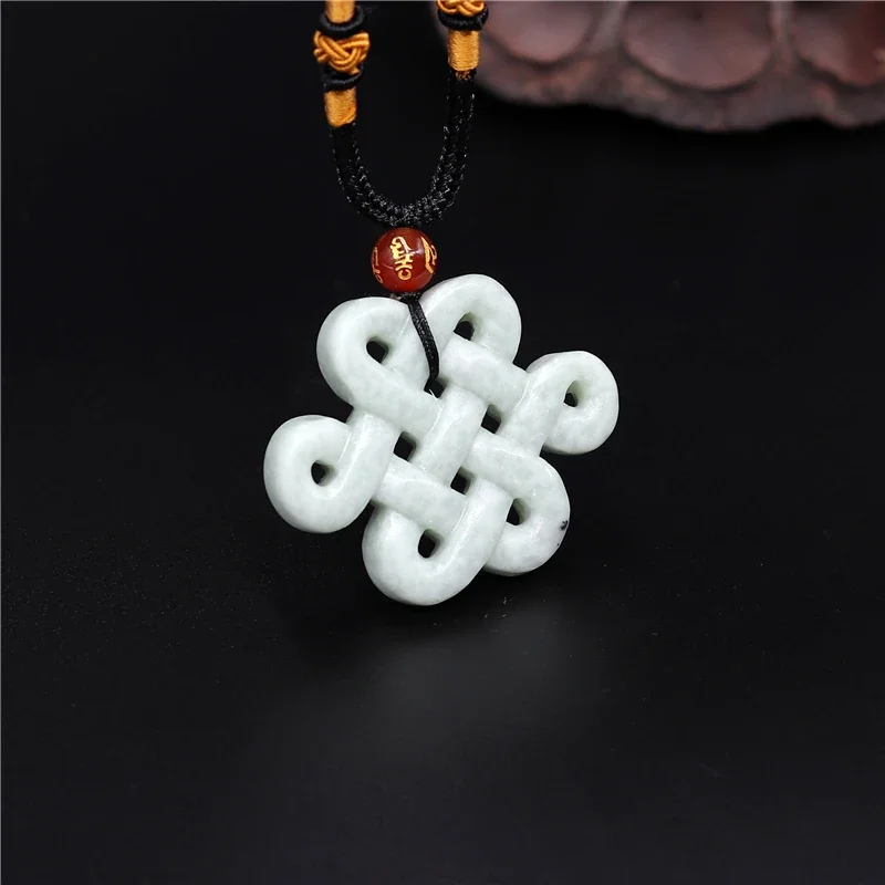 Natural Chinese Knot White Green Jade Two-sided Pendant  Necklace Charm Jewellery Fashion Lucky Amulet Luck Gifts for Women Man