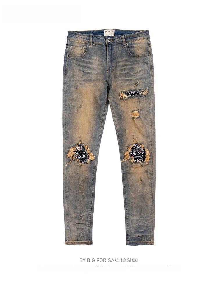 

Big for Sam Men's Dirtied Khaki Flower Jeans High Street Hip Hop Vintage Hole Punching Slim Fit Cotton Stretch Denim Jeans