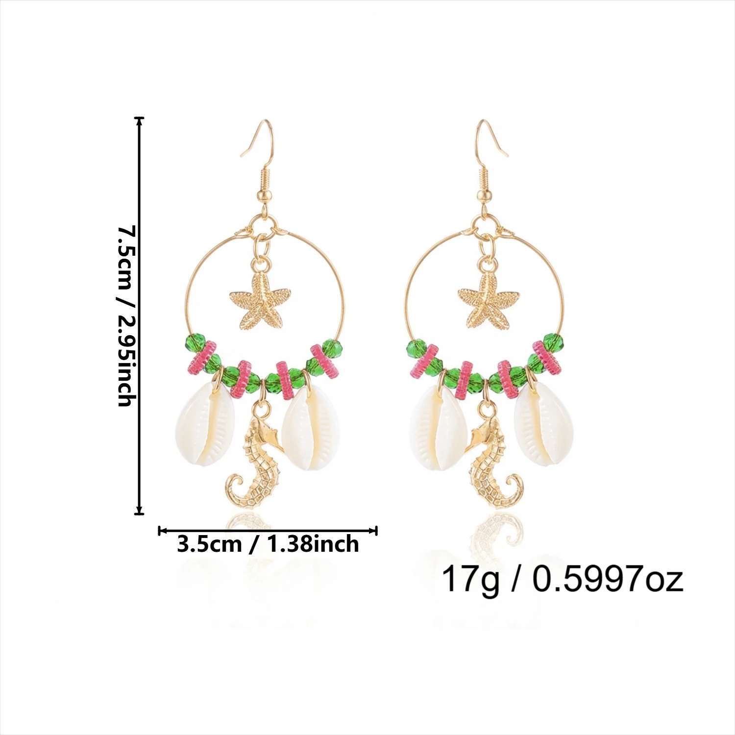 Böhmische Reisperlen-Ohrringe mit Großen Kreisen für Frauen, Seestern-, Muschel-, Schnecken- und Seepferdchen-Anhänger, Sommer-Strand-Party-Schmuck – Detail 6