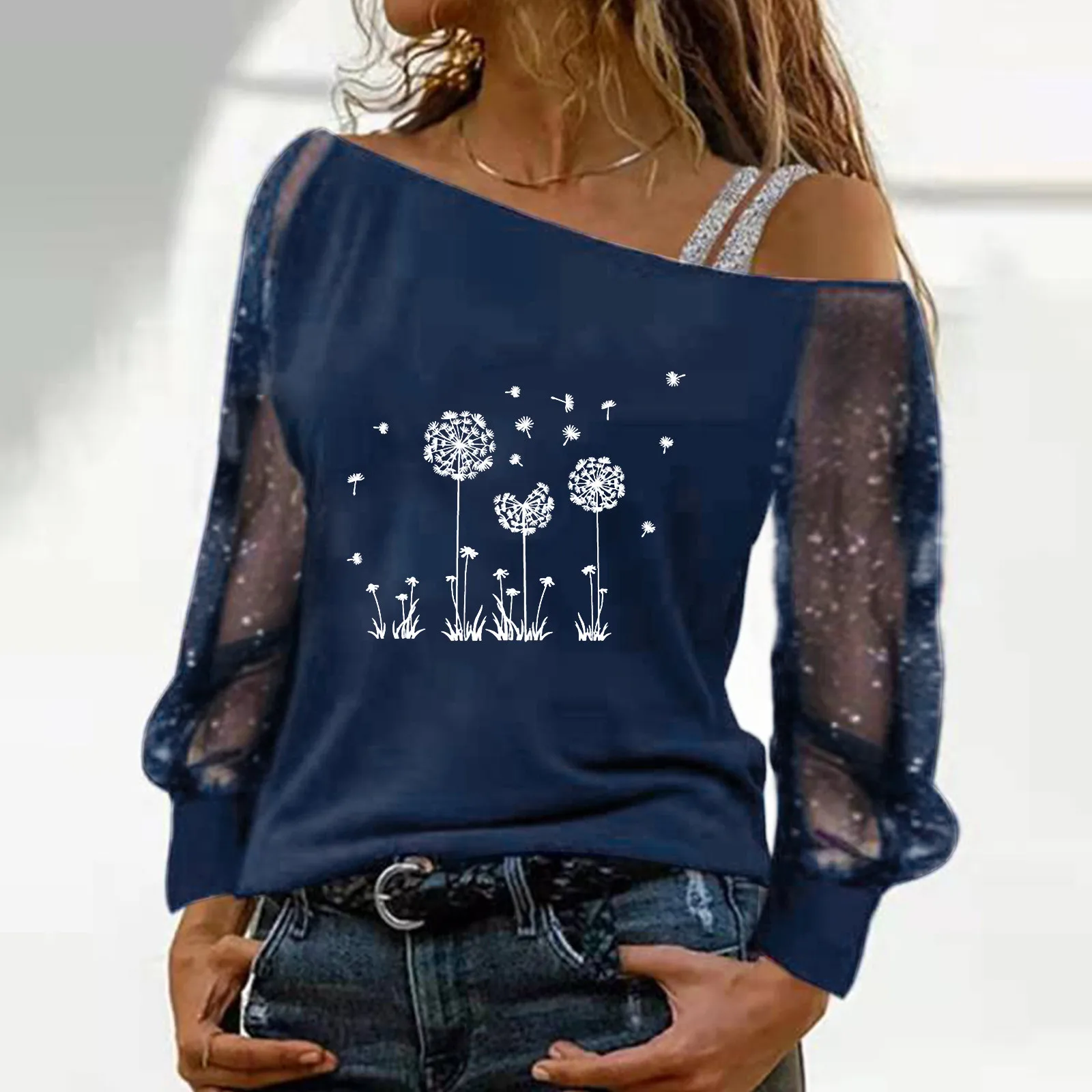 Sequin Print Blouse For Women Plus Size Mesh Long Sleeve Cold Shoulder Loose Splice Blouse Tops Summer Blouses 2024 Hot Selling