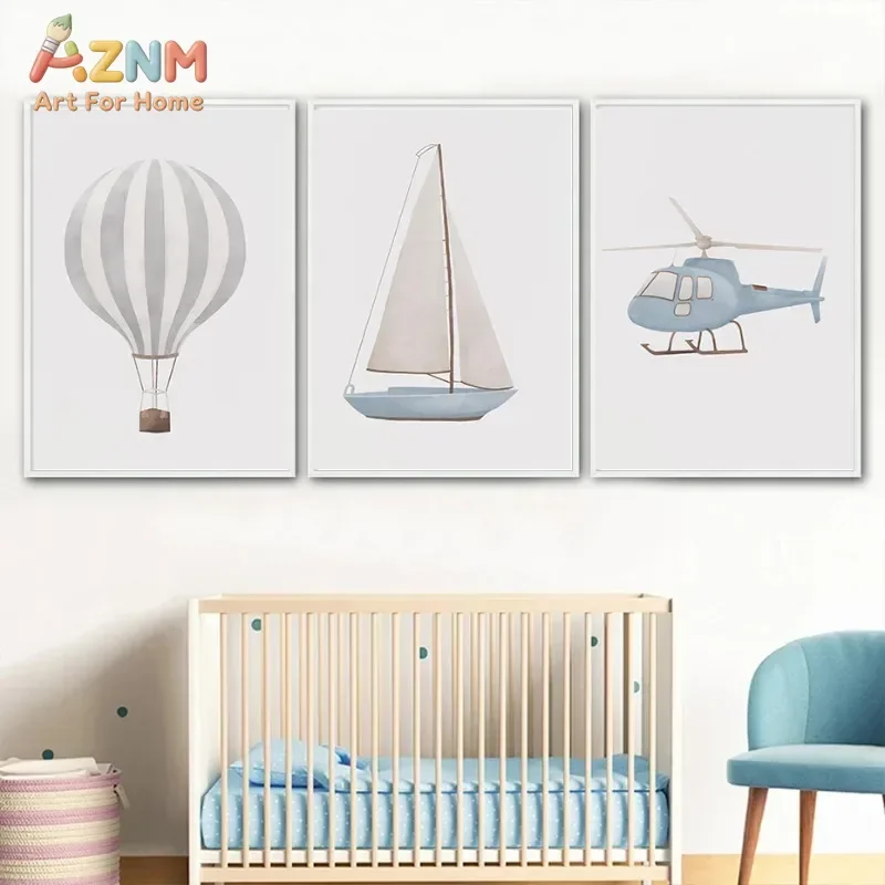 AZNM Watercolor Transport Canvas Wall Art, Airplane Sailor Car Bicycle Print, Soft Blue Cartoon Vehicle Unframed Canvas Painting