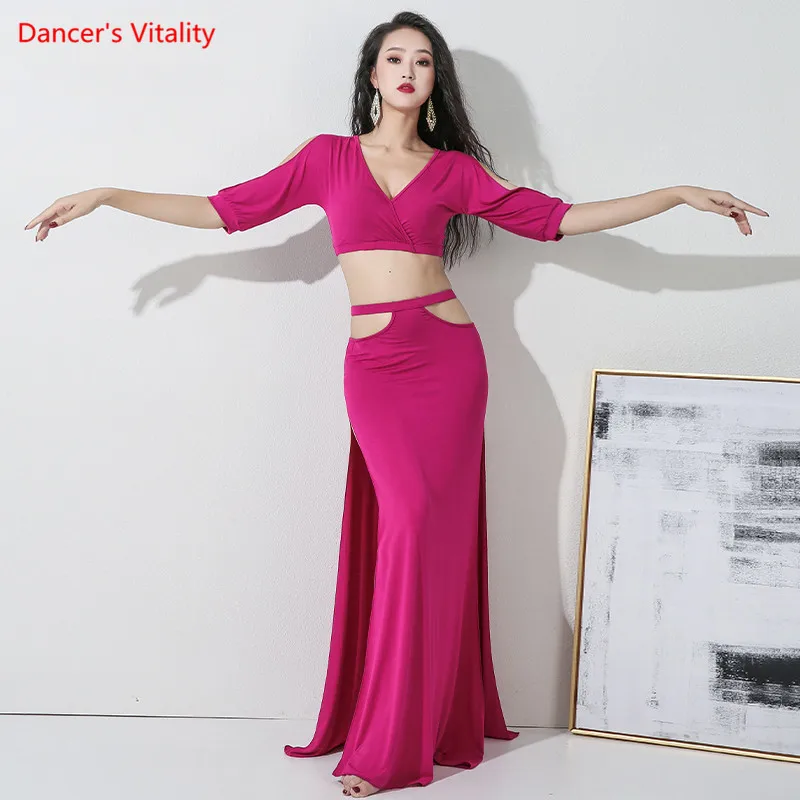 Belly Dance Female Adult Elegant Modal Top Practice Clothes Suit Oriental Dancewear high waist Shirt Long Skirt performance Set