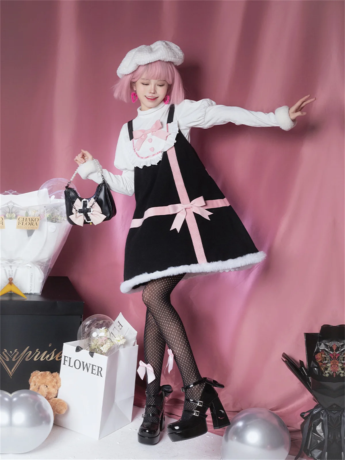 Japanese Sweet Style Lolita Cosplay Kawaii Girls Jsk Suit  Winter Warm Fluffy Love Button Apron Ribbon  Bowknot  Cute Suit