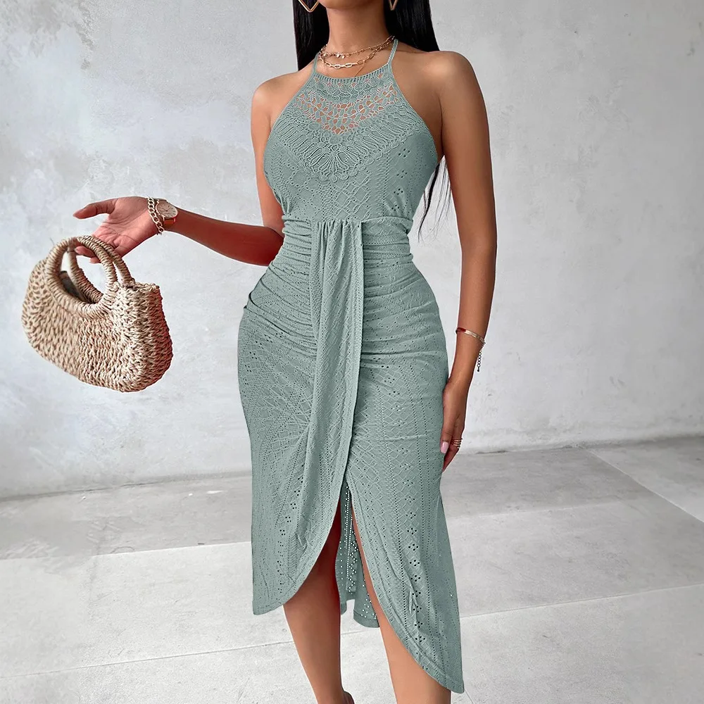 

Summer Womens Halter Hollow Dresses 2025 New Strapless A Line Sleeveless Front Slit Ruched Maxi Irregular Street Trendy Dress