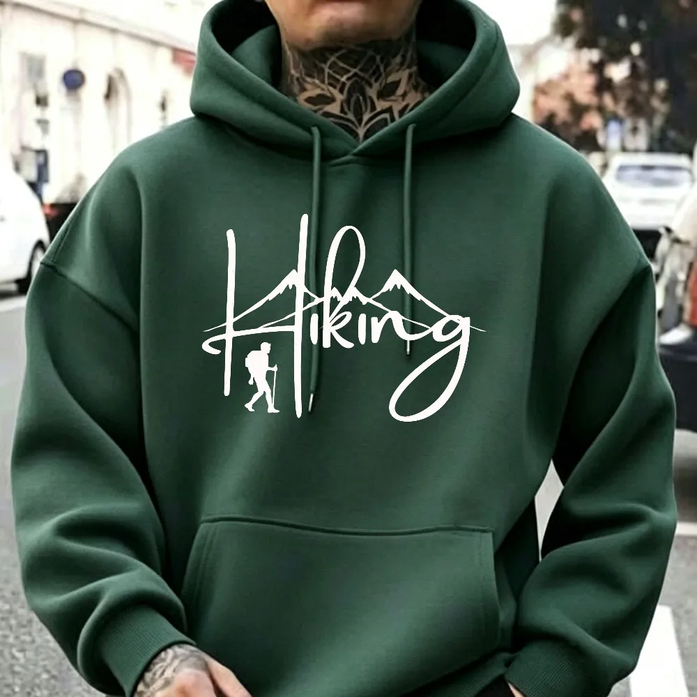 Hiking Handwritten Script Mountain Peak Hiker Silhouette Print Outdoor Adventure Camping Long Sleeve Drawstring Hooded Casual