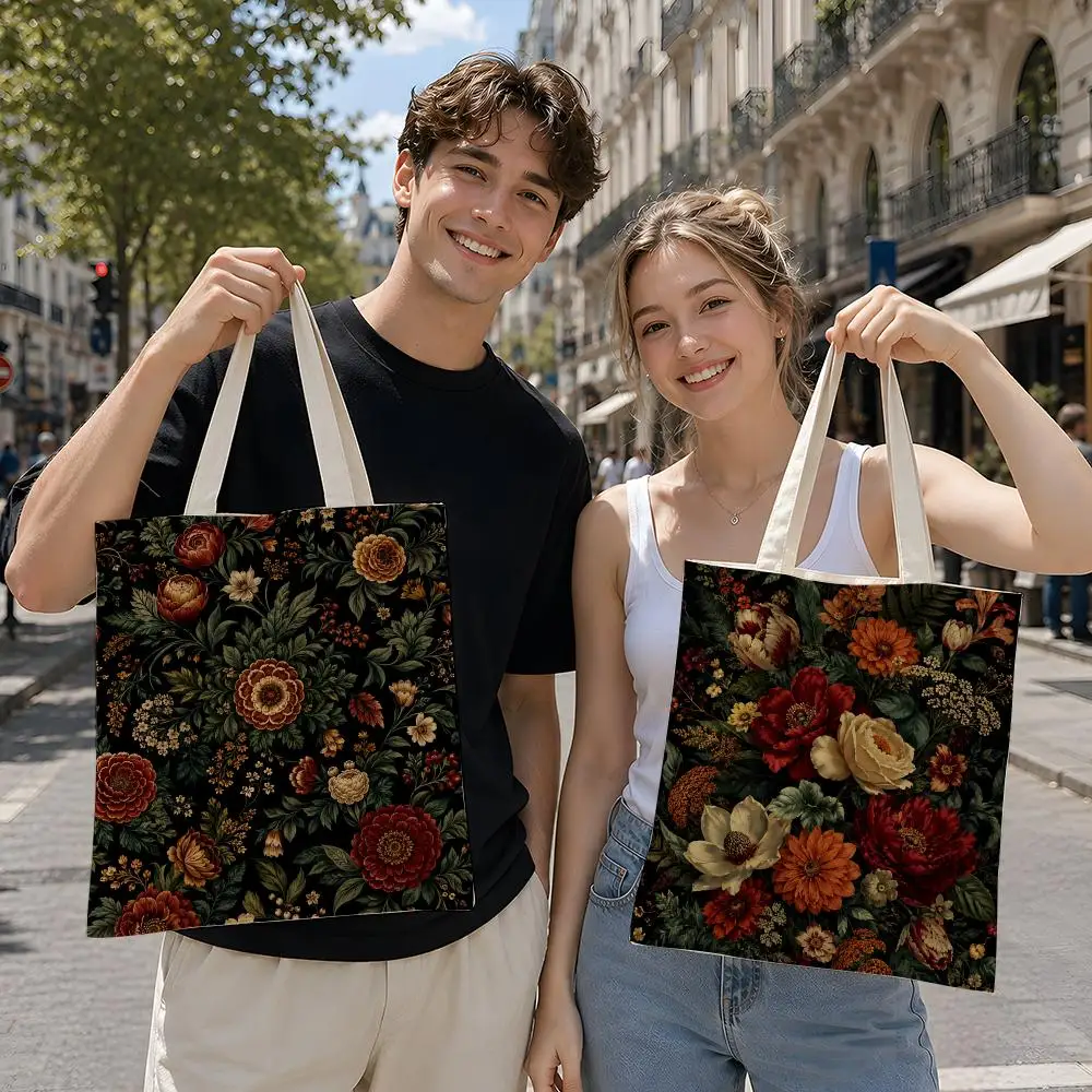 Art Vintage F-Floral Oil Painting Black Storage Bags Reusable Canvas Tote Suitable for School Class Commuting Shopping as Gifts