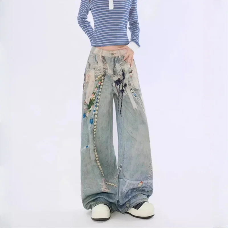 Spodnie jeansowe damskie w stylu Cyber Y2K z 2025 roku, drukowane w 3D, vintage, niebieskie, szerokie, proste, dżinsowe spodnie damskie, pantalon femme