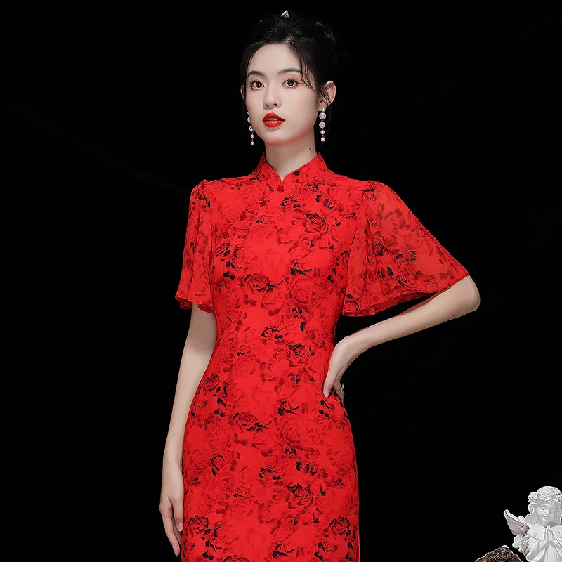 

Red Dress Vintage Chinese Style For Women Stand Collar Short Sleeve Printed High Quality Chiffon Slim Improved Cheongsam