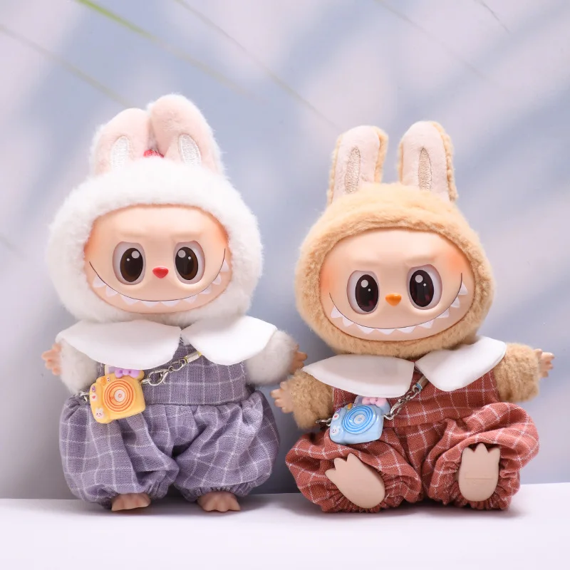 Labubu doll clothes Checkered Overalls 15/17cm Plush Doll'S Clothes Replacement Labubu I II Idol Dolls Sitting Party Accessories