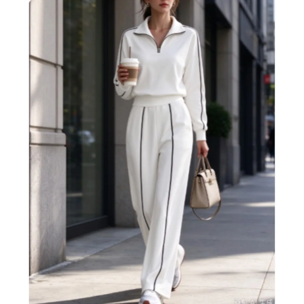 Women's  Color Matching Side Striped Sweat Long Sleeve Suit Half-zipper Vertical Collar Sports Wide Pants Leg Pants 2 Piece Set