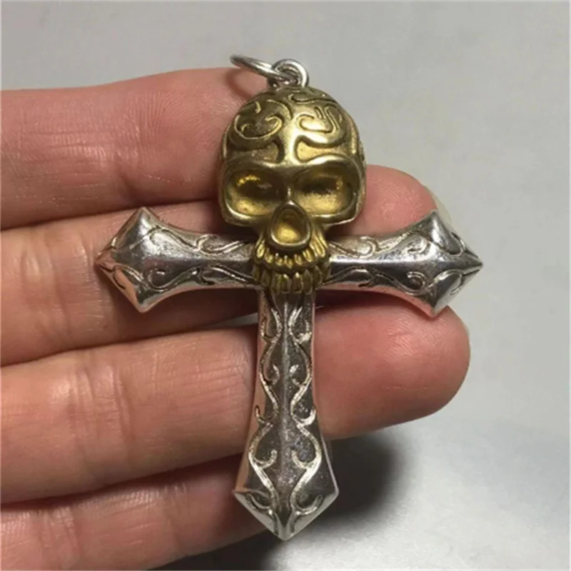 

Mai Chuang/ Hand Made Creation/ Old Tibetan Silver Dark Retro Trendy Skull Cross Necklace Pendant Men's and Women's Jewelry Gift