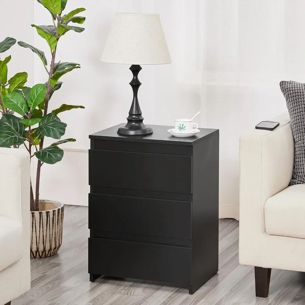 Nightstand with Drawer, 3 Drawers Bedside Table with Sturdy Base, Wood Bedside Cupboard Accent Table with Storage Space