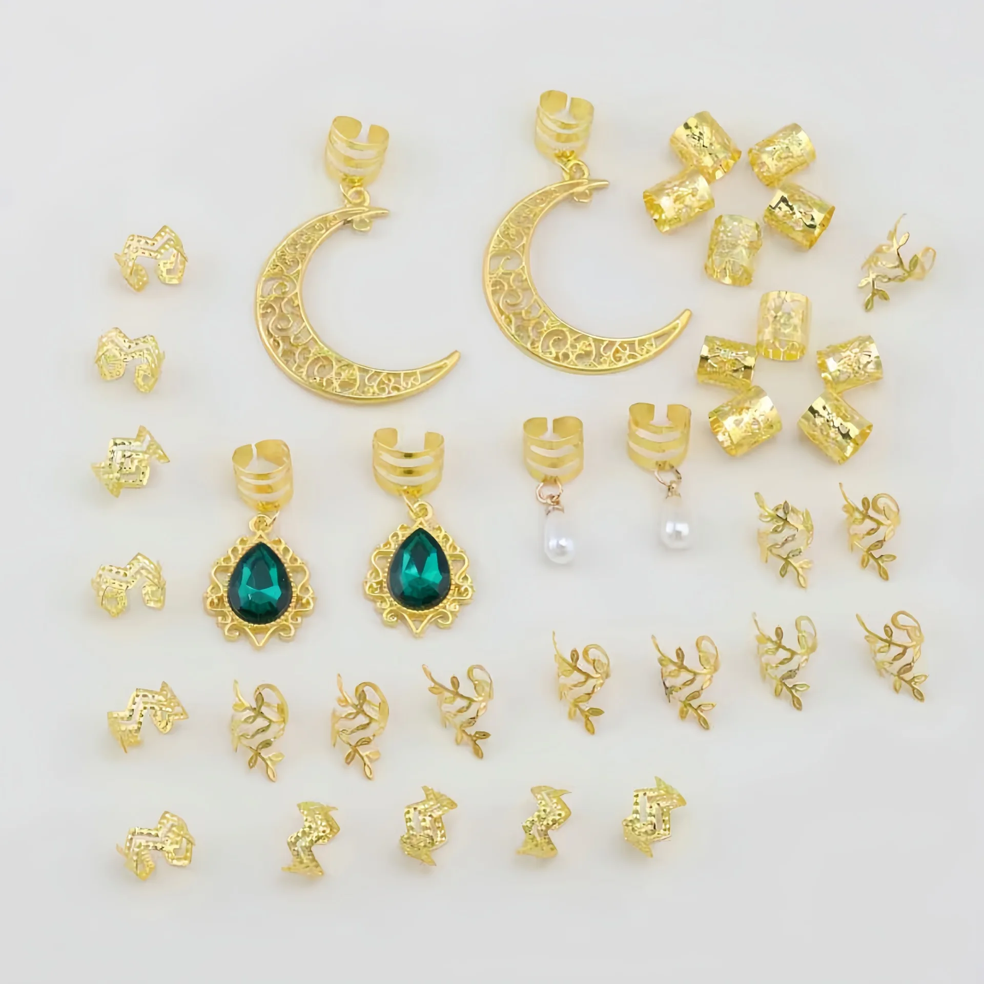 36Pcs Moon Teardrop Pendant Dreadlock Hair Beads Alloy Braid Cuffs Set for African Synthetic Hair Findings