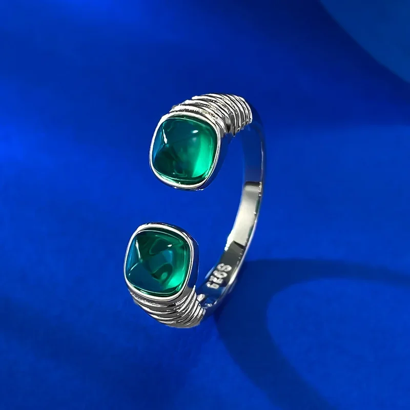 S925 Silver European and American Imitation Emerald 5 * 5 Sugar Tower Open Ring Fashion and Simplicity