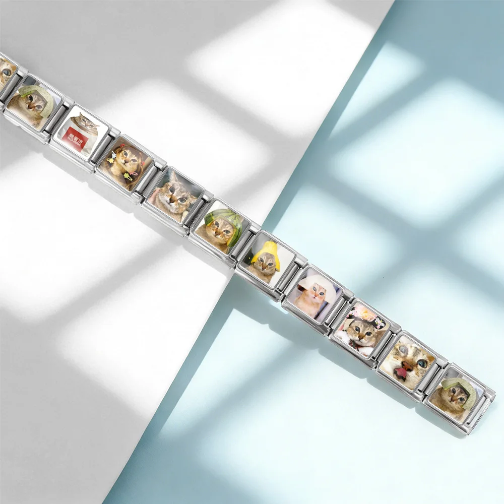 GEMOSA Trendiges, niedliches Mei Mei Katzen-Armband mit quadratischen Anhängern, passend für 9mm italienische Glieder, DIY Edelstahl-Schmuckherstellung, Originaldesign – Detail 3