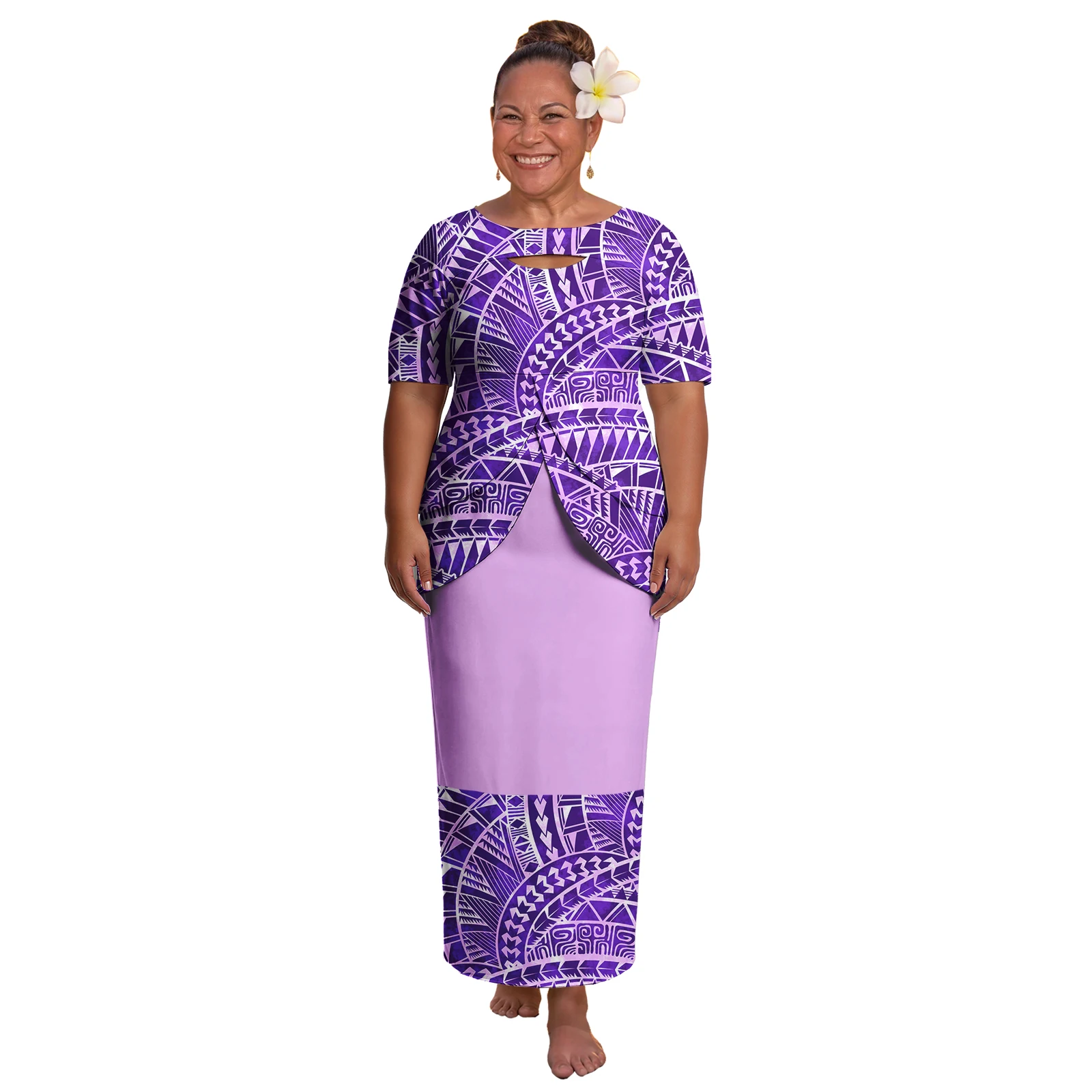 Spring New Hawaiian Plumeria Printing Dresses Samoan Polynesian Women Double Layer Slit Top and Long Skirts 2 Piece Set Puletasi