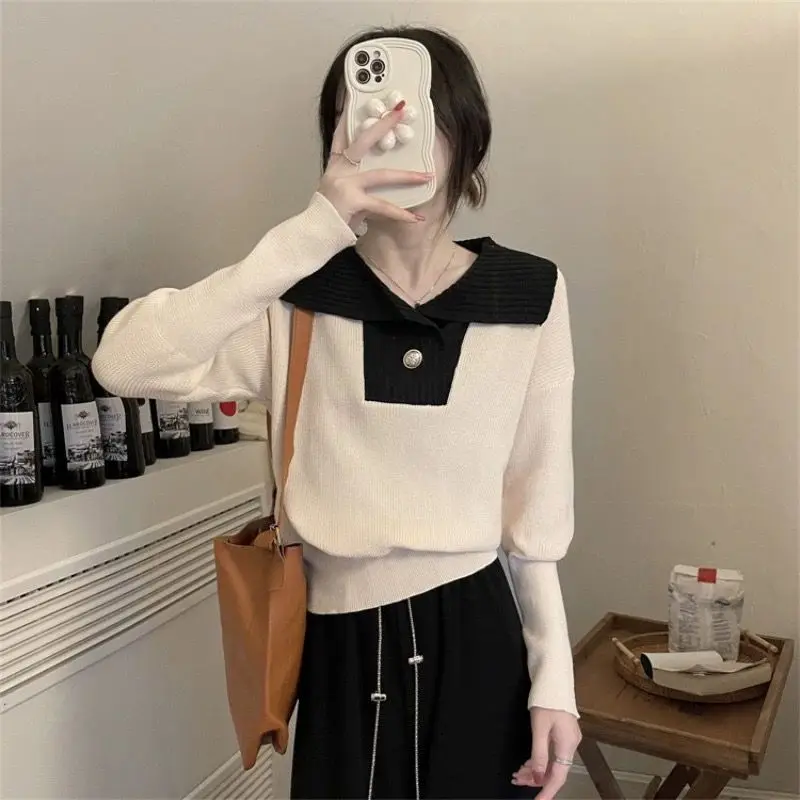 Damski krótki sweter z dużym kołnierzem, blokami kolorów, idealny na wiosnę, jesień i zimę, mały, luźny, bazowy sweter dzianinowy, modny top.