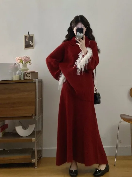 

Large Size Women's Knitwear Tassel Sweater High Waist Skirt Set Fashionable Commute Korean Style Winter Long Sleeve