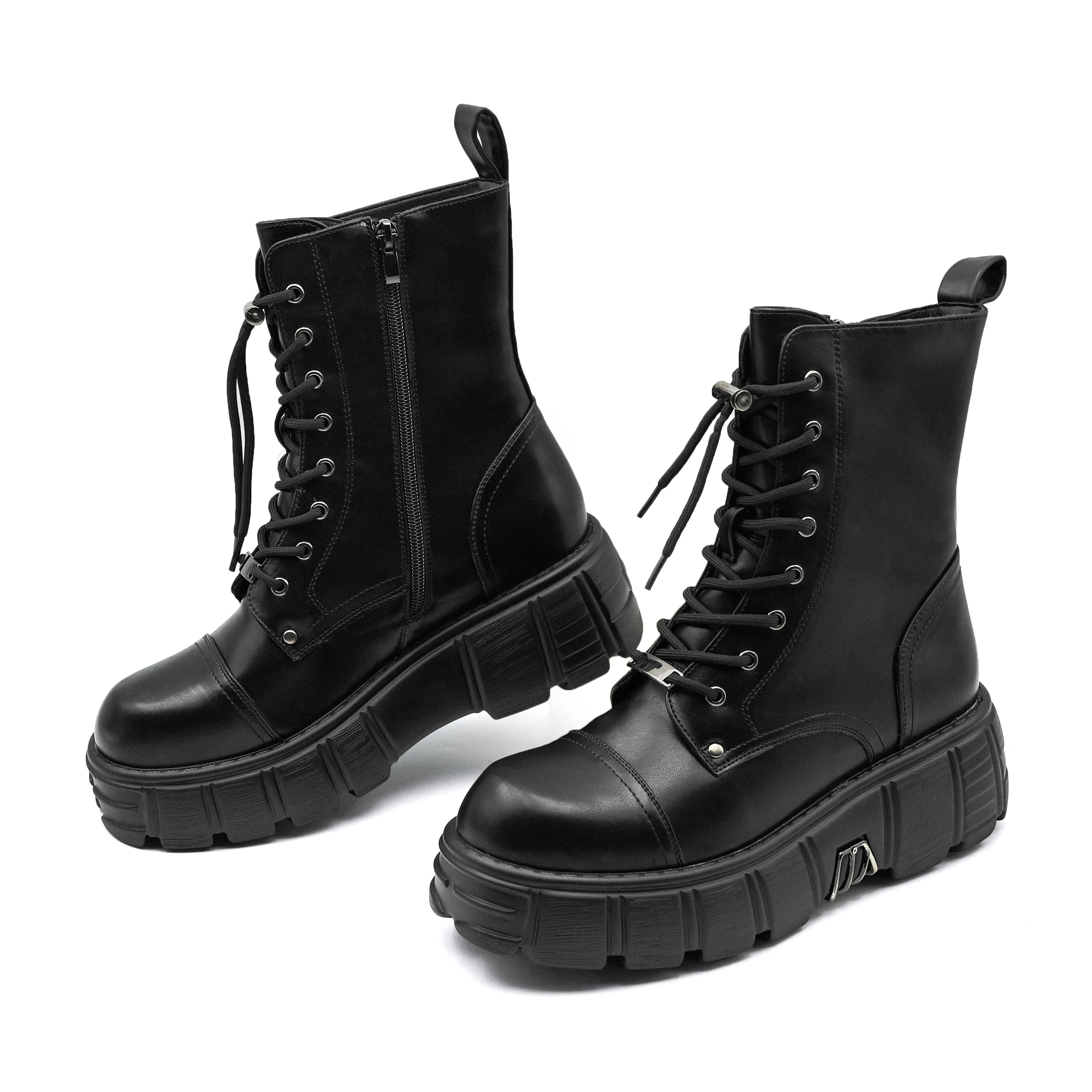 Punk Women Platform Ankle Boots Female\'s Rock Round Toe Lace Up Fashion Retro Chunky Shoes Metal Decor Short Boots