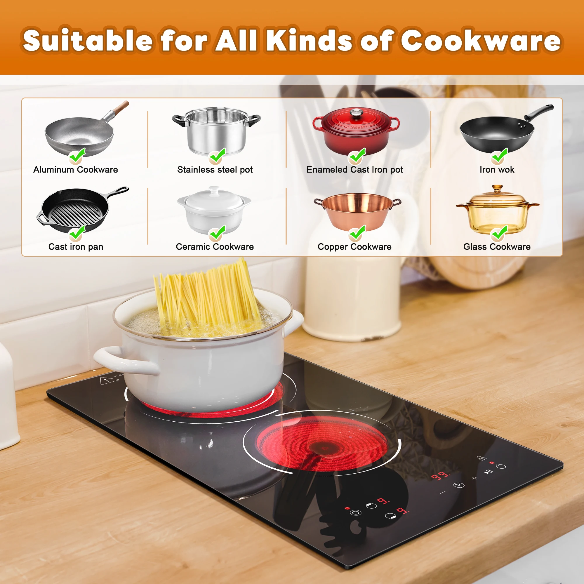 12" 2 Burner Electric Cooktop 1800W, 110V Plug-in, Dual-Ring, Touch Control, Child Lock view 3