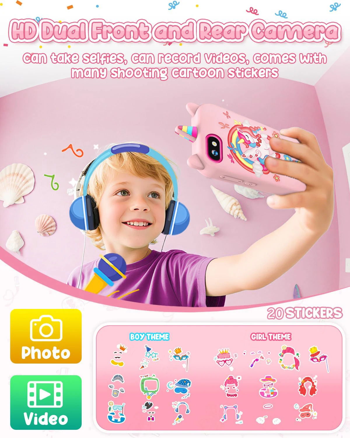 Kids phone Touchscreen operation, 48MP camera, supports 1080P HD video recording Equipped with a 64GB memory card and card reade