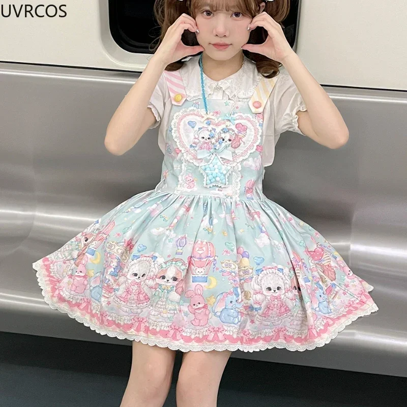 Abito da principessa Lolita dolce in stile giapponese abito da donna con stampa di cane simpatico cartone animato abito con cinturino con fiocco abito Kawaii girl fashion Tea Party mini dress