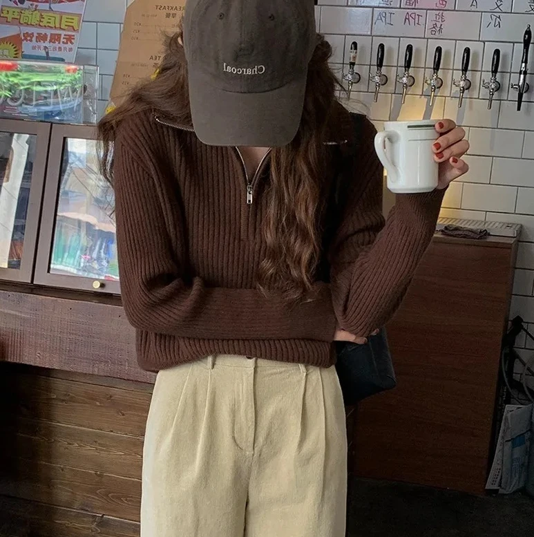 

Women Sweaters Autumn Winter Female Sweater Turtleneck Zippers Solid Loose Thick Fashion