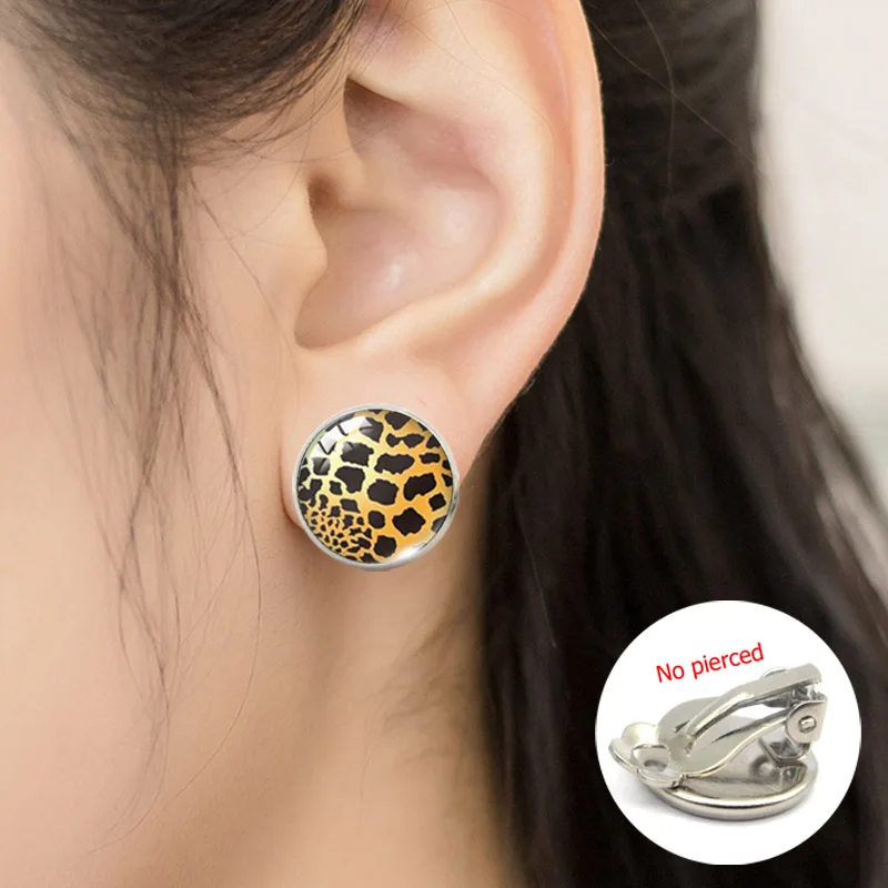 Vintage Leopard Print Style Glass Dome Clip Earrings Handmade Leopard Print Jewelry No Pierced Earrings Gifts Accessory
