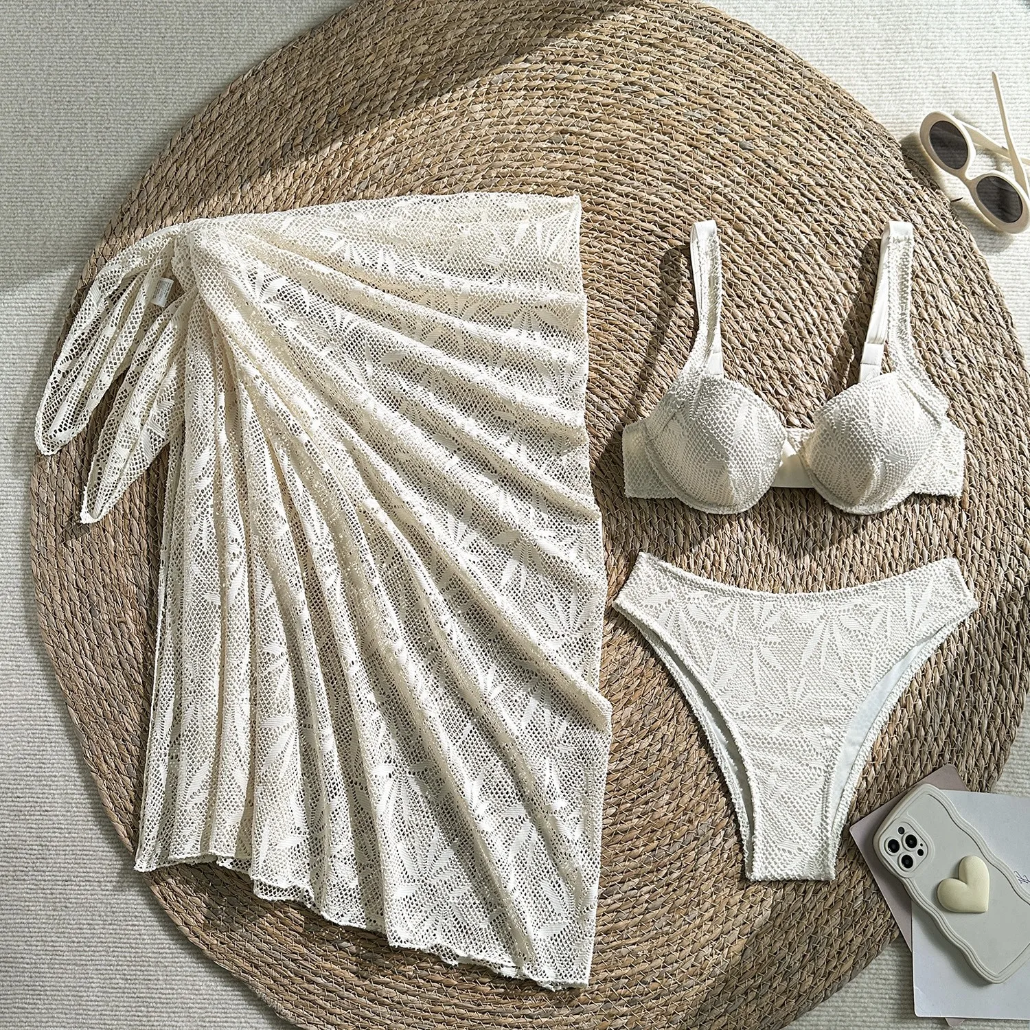 

2026 Bikini Woman Lace Top Beach Bikinis Women's Two-piece Beige Swimwear Leaf Pattern Wrap Skirt Halter Neck Two Piece Swimsuit