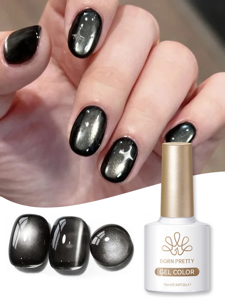 BORN PRETTY Schwarzer Glas-Katzenaugen-Magnetgel-Nagellack, ablösbarer UV-LED Semi-Permanent Nagellack, Gothic Dark Style Maniküre DIY