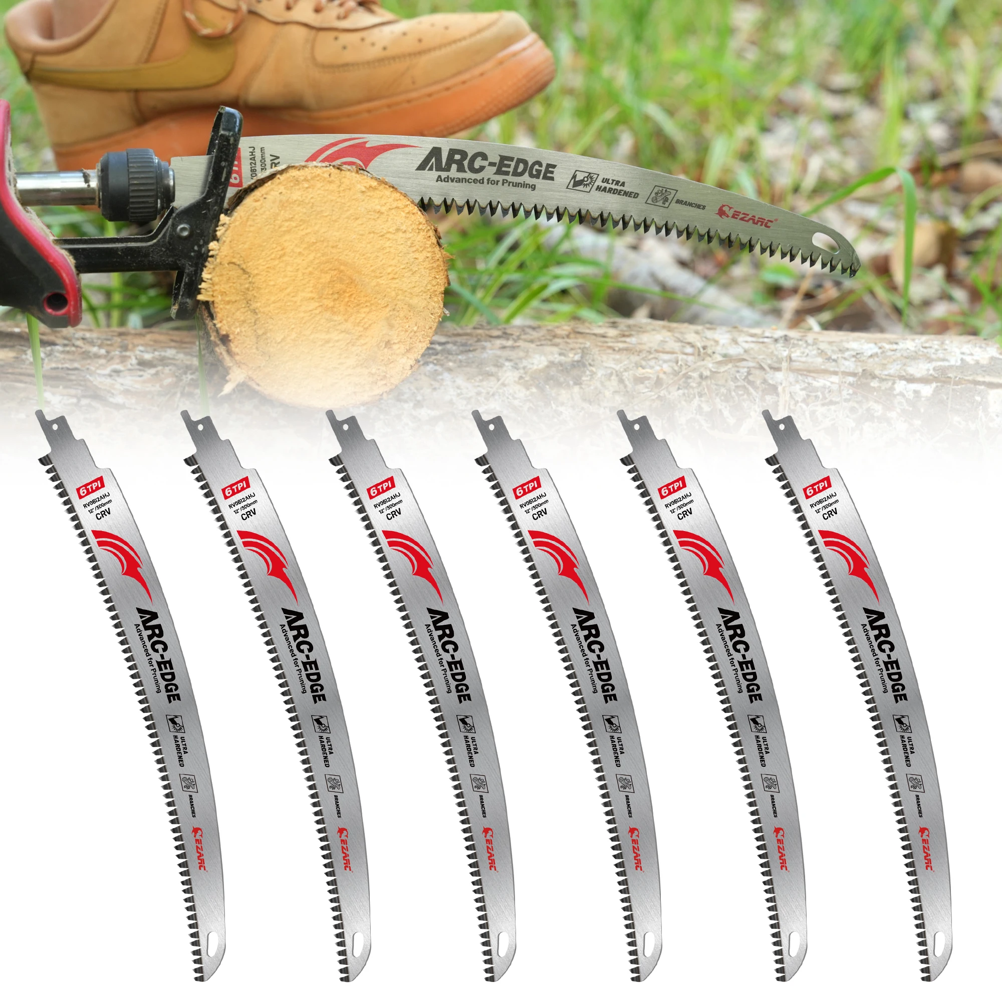 EZARC 12inch(300mm) Arc Edge Reciprocating Saw Blades 6TPI Cr-V Japanese Teeth Wood Pruning Tools for Cutting Tree/Branches