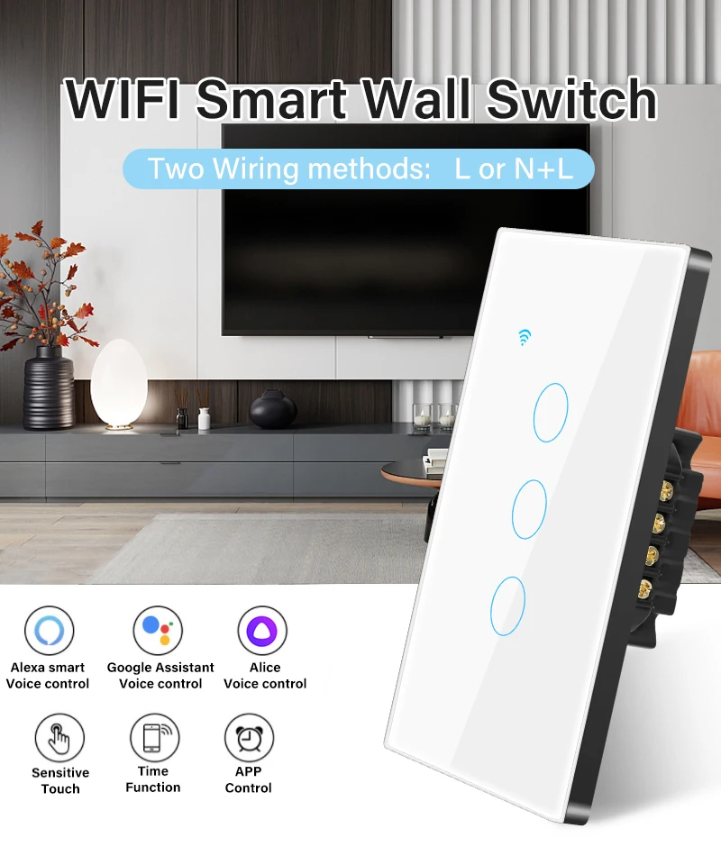 Tuya WiFi US Smart Light Switch Neutral Wire/No Neutral Wire Diperlukan 120 Type Wall Touch Switch Bekerja dengan Alexa, Google Home