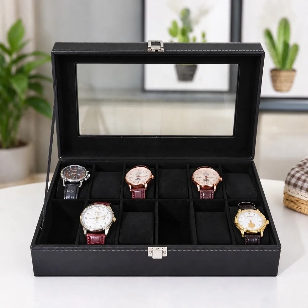 PU Watch Storage Box With Glass Lid 12 Slots Watch Box Organizer Multi-functional Space-saving Jewelry Storage Box Watch Lovers