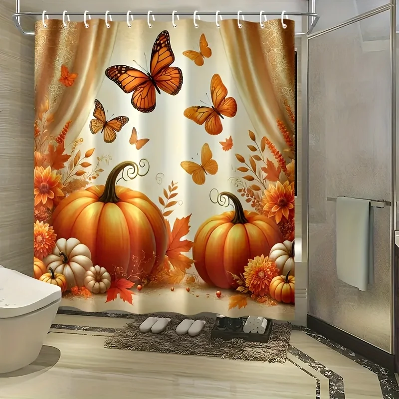 This 1pc Thanksgiving-Themed Shower Curtain Showcases Designs Such As Pumpkins, Fall Leaves, Butterflies, And Flowers, Making It