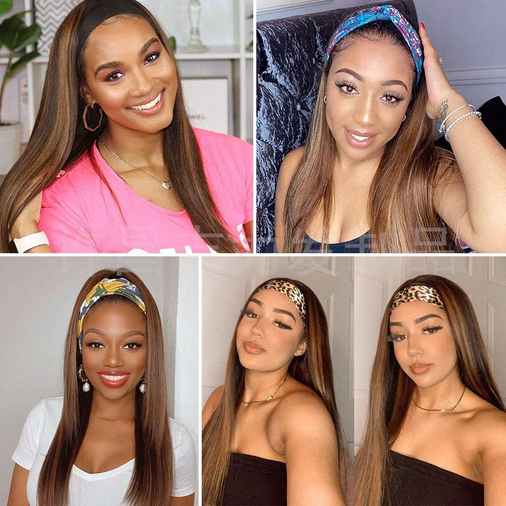 24Inch Synthetic Half Hair Blonde Wig Machine Made Yaki Straight Headband for Black Women Girl Natural Black Daily Party Use