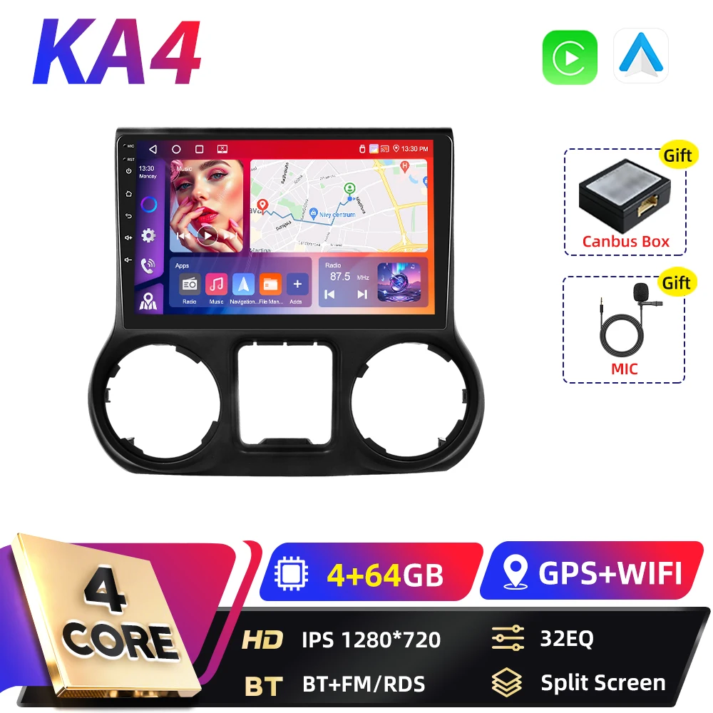 Podofo Qualcomm 8-core 2-DIN Android autoradio voor Jeep Wrangler 2011-2014 met DSP, Android Auto, BT, GPS, FM, WIFI, RDS en Carplay.