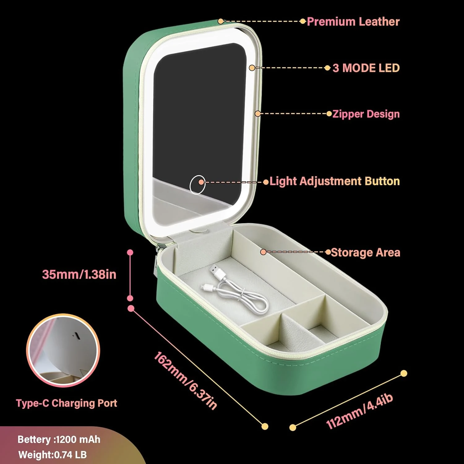 Стильная, портативная и водонепроницаемая косметичка со светодиодной подсветкой и зеркалом с регулируемой яркостью — 3-цветное светодиодное зеркало-органайзер для макияжа — USB R