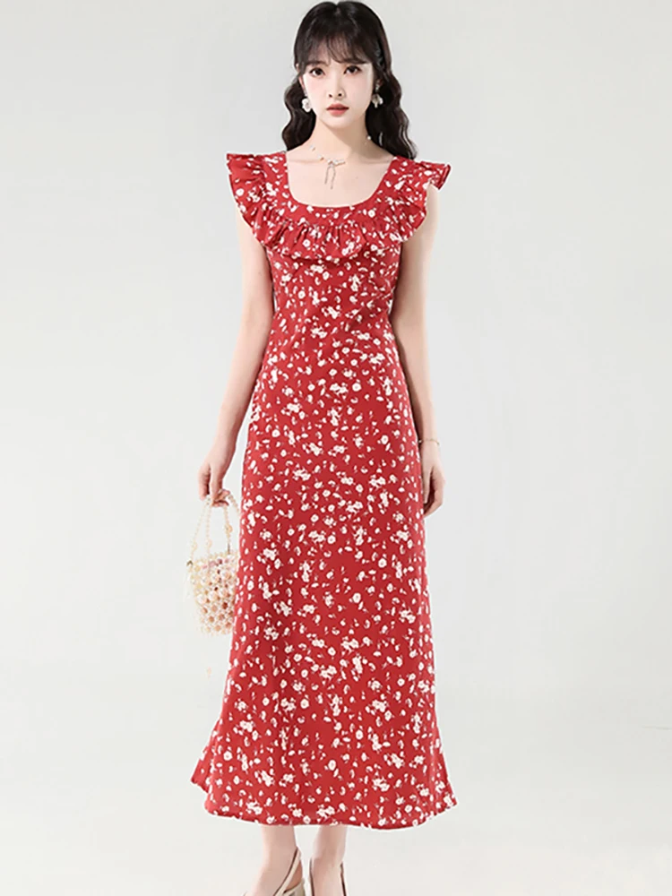 

2025 New Red Floral Chic Ruffled Collar Casual Long Dress Summer Elegant Bodycon Holiday Dress Women Korean Fashion Luxury Dress