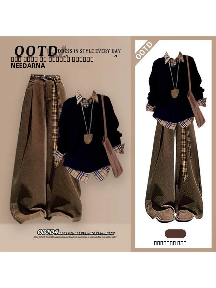 

Корейский свободный комплект ранней осени, уникальный супер красивый женский комплект, новинка 2025, супер красивый комплект из двух предметов, джинсовые джинсы