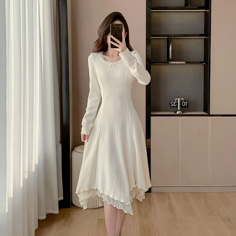 여성용 니트 봄 가을 신상 슬림핏 이너웨어 베이스 롱 스커트