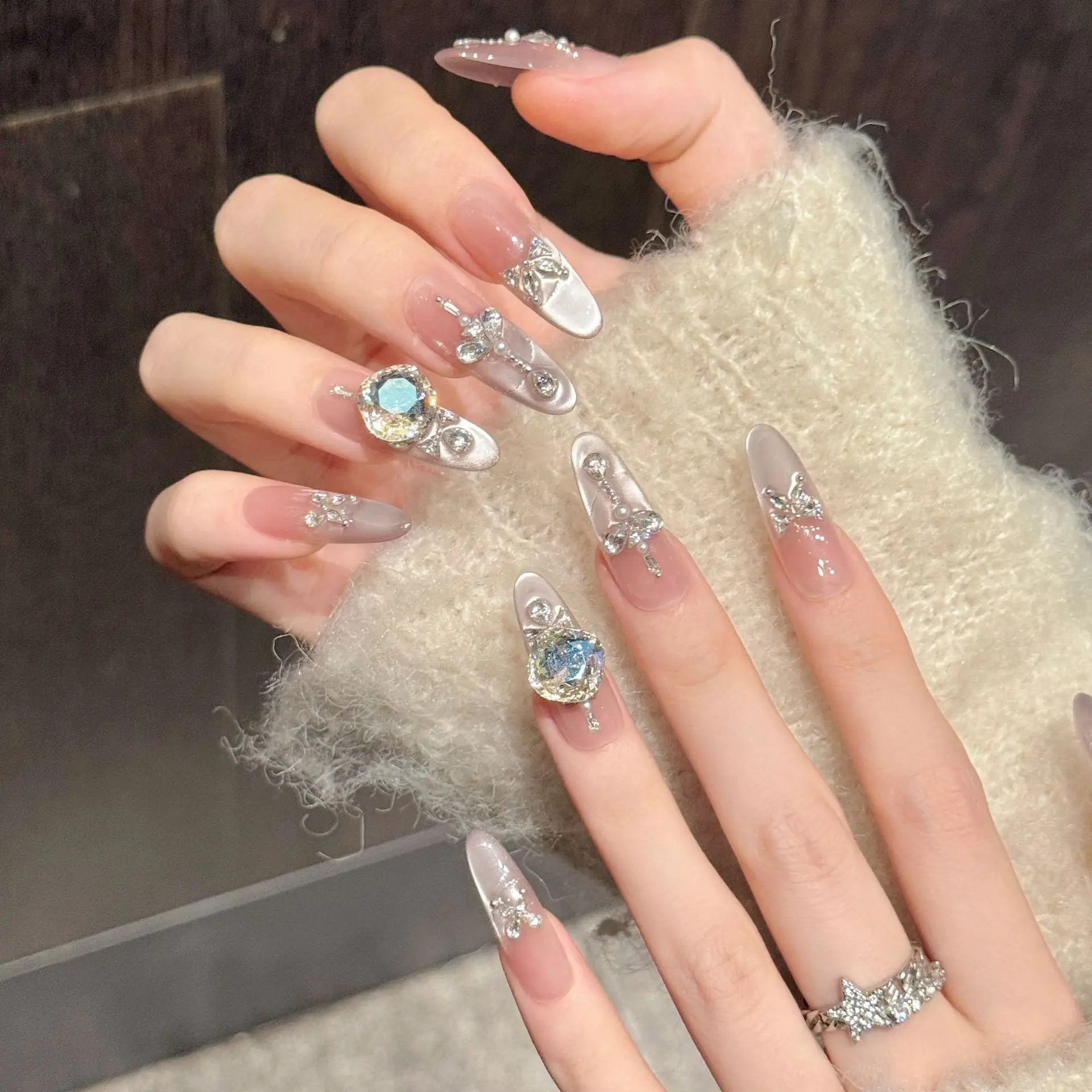 10pcs Handmade Long Oval Press On Nails Shiny French Style Cat Eye Rhinestone Design Fake Nails Wearable Nails Art Tip Girls