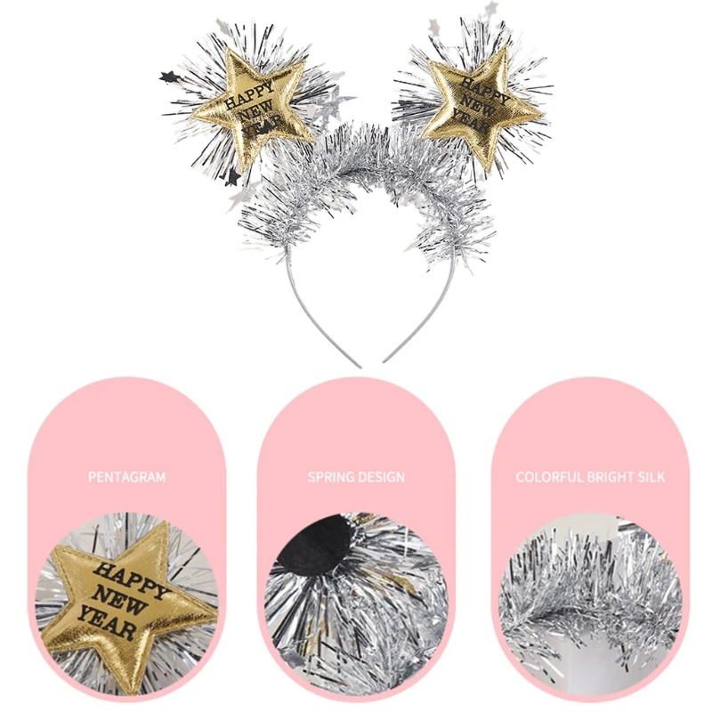 New Year Headbands Tinsel Headband Tiara with Glitter Metallic Fringed for Party