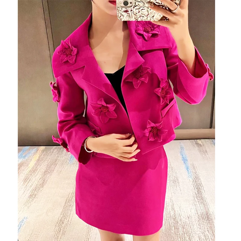 Rose Pinik Fashion Designer Jacket Women Stunning 3D Flowers Appliques Short Blazer + Mini Skirts 2023 Spring Summer New